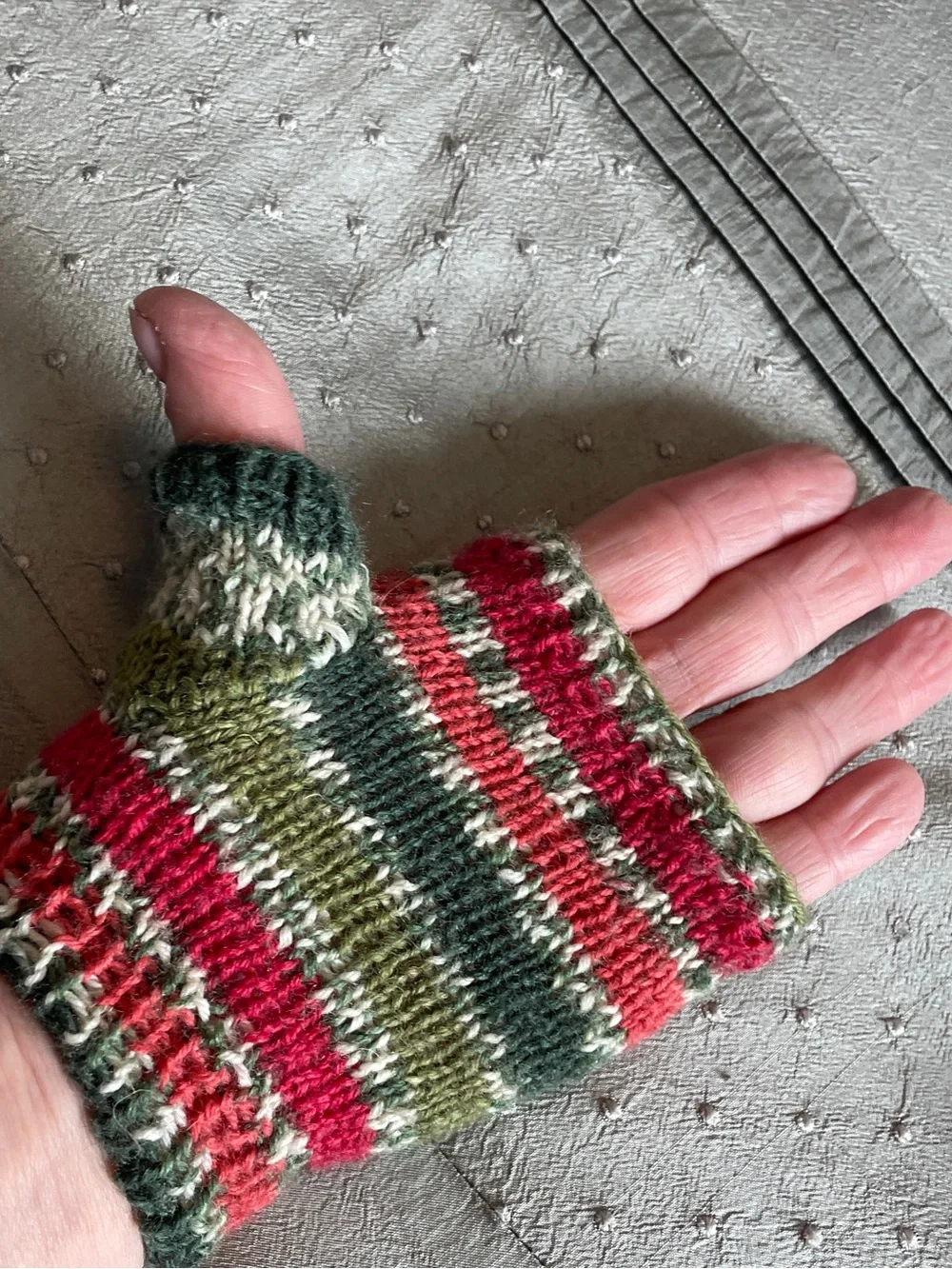 Peruvian Hand knit Wool Fingerless Gloves Green, Red & Cream Stripes
